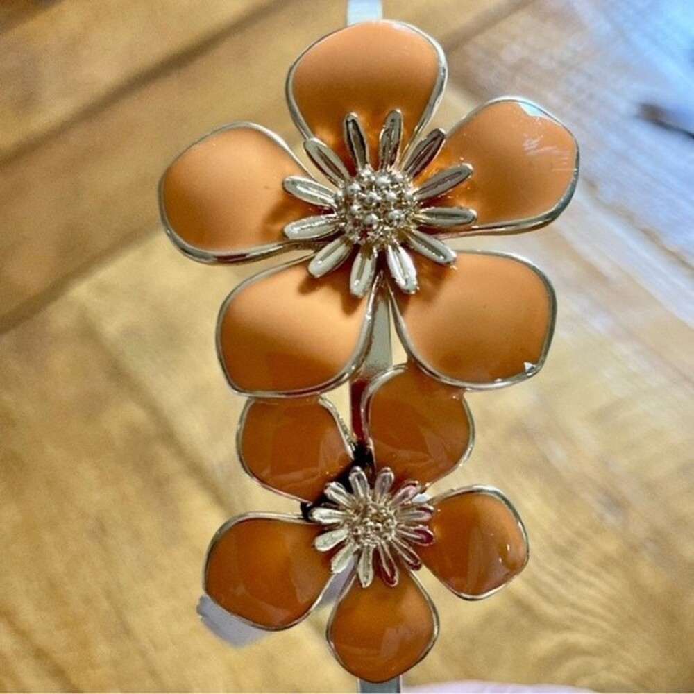 NEW Gennaro Orange Enamel Floral Headband Hair Accessory in Gold Tone